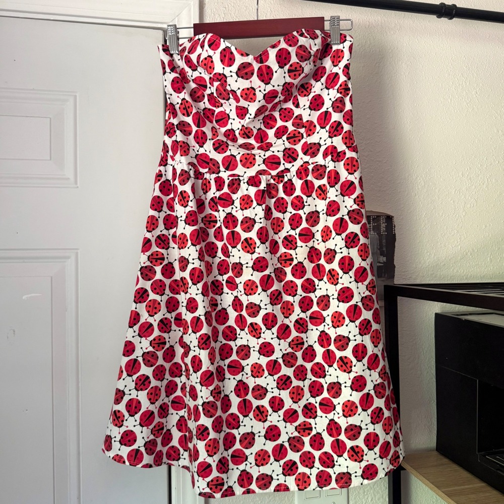 FOLTER red white ladybug retro pinup rockabilly cotton strapless mini dress